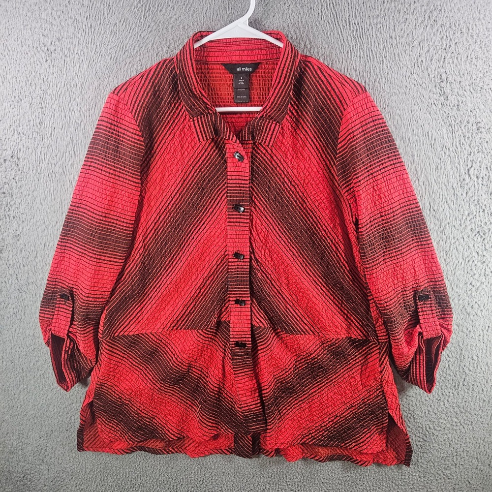 Ali Miles Womens Red Black Striped Crinkle Button Front 3/4 Sleeve Shirt Size S